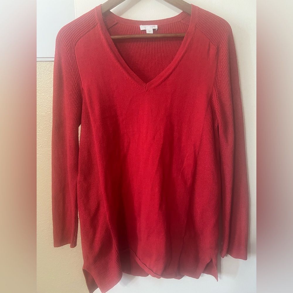 J.Jill Women’s Red V-Neck Long Sleeve Knit Sweater SzM Minimalist Classic Winter